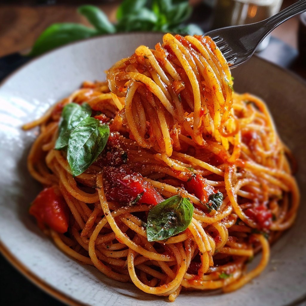 Spaghetti mit Tomaten und Basilikum